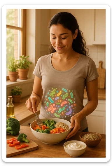 A realistic, warm-toned image of a young woman in a bright, cozy kitchen preparing a healthy meal rich in fiber and probiotics. She smiles softly, focused and calm, as she adds fresh vegetables, fermented foods like yogurt or kimchi, and whole grains to a bowl. Around her abdomen, a subtle, glowing overlay of balanced gut flora—colorful, friendly bacteria and microbes—swirls gently, symbolizing intestinal health and harmony. The setting is natural and inviting, with sunlight streaming through the window, potted herbs on the counter, and clean wooden surfaces. The overall mood conveys wellness, self-care, and the positive journey toward gut balance sticker