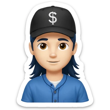 generate a pretty bratz boy wearing a dark blue button up shirt, long black mullet hair. Matching blue baseball cap on head. smirking sticker