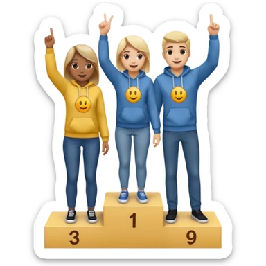 three people standing on a winners podium with no label, middle podium slightly higher, each person on their own step, dressed casually in fun relaxed clothes like jeans t-shirts hoodies, person in center holding up one finger on each hand showing they are number one, cheerful expressive emoji style sticker