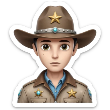 Close-up portrait of a classic grey alien cowboy, large black eyes, smooth pale skin, wearing a worn leather cowboy hat and futuristic sheriff badge, dramatic side lighting, shallow depth of field, ultra detailed skin texture, cinematic western sci-fi style
 sticker