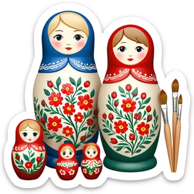 Russian nesting dolls (matryoshka) painting icon, several dolls of different sizes being hand-painted with traditional floral patterns, paintbrushes, small pots of paint, and carving tools nearby, visible process of decoration, minimalistic style, clean lines, transparent background. sticker