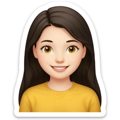 girl on a laptop, long dark hair white skin and yellow shirt long sleeves, smiling sticker