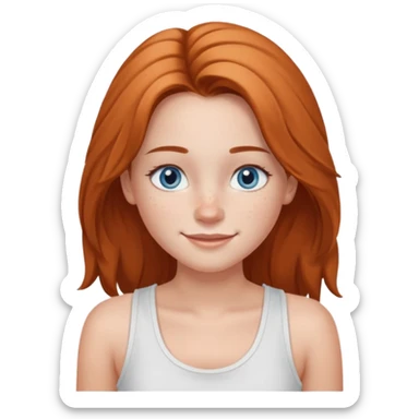 Una chica de tez blanca con pecas, nariz respingada, labios gruesos, ojos grandes color azul grisáceo, pelo largo, lacio, color avellana. Con una blusa de tirantes blanca. Que este sonriendo y q solo se vea de la cintura hacía arriba sticker