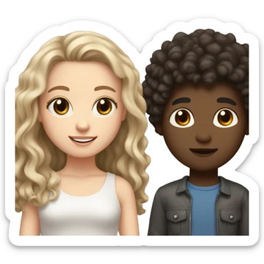A white girl with dark blonde hair, grey eyes and shorter with her boy best friend who has brown skin, curly Afro dark hair and brown eyes who is taller  sticker