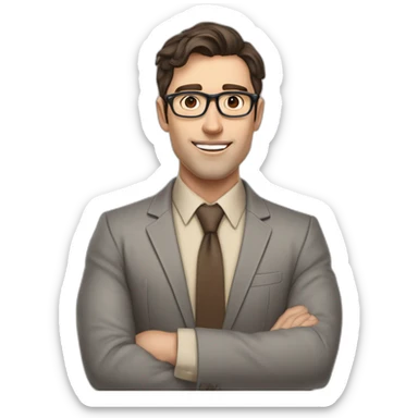 Pale skinned fit man with dark brown hair in gray jacket, beige office shirt, brown tie, brown pants and vintage glasses Writing on the flipchart sticker