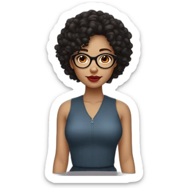 Girl with curly black hair, round thin glasses, brown eyes and red lips, very light skin tone sticker