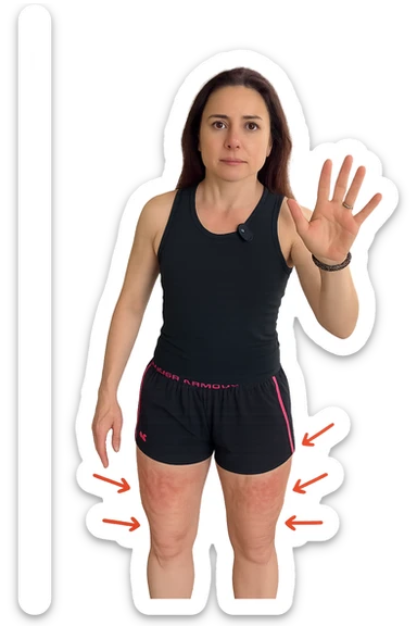 Donna con cellulite sulle cosce indica le cosce che sono infiammate di cellulite con frecce ad indicare  sticker