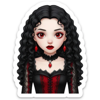 A girl with a red goth vampire look in a black and red goth lace dress with long sleeves and long black curly hair  sticker