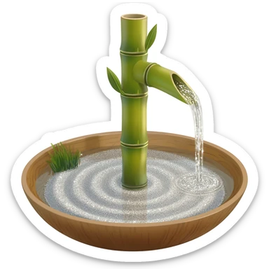 Shiny sparkly glittery beautiful elegant pretty precious divine Japanese zen garden vintage old bamboo fountain with a beautiful wooden bowl underneath aesthetic scenery  sticker