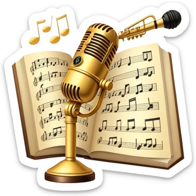 Create an elegant and refined emoji that represents classical or academic vocal performance. The design should feature a microphone, sheet music with musical notes, and a treble clef to symbolize the vocal artistry and music theory behind academic singing. Add subtle elements like a vocal warm-up chart or a grand piano to reflect the classical training. Use classic colors like gold, silver, and deep blue to emphasize sophistication and professionalism. The background should be transparent. sticker