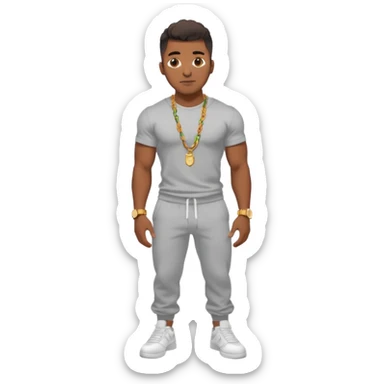 Handsome Black guy with brown skin tone, with muscular build, wearing gray sweatpants, a white t-shirt, white Air Force Ones sneakers, a small gold rope chain, and a gold watch  sticker