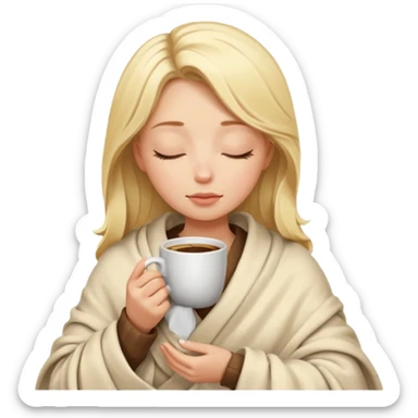 Blonde girl inside a blanket sipping coffee eyes closed sticker