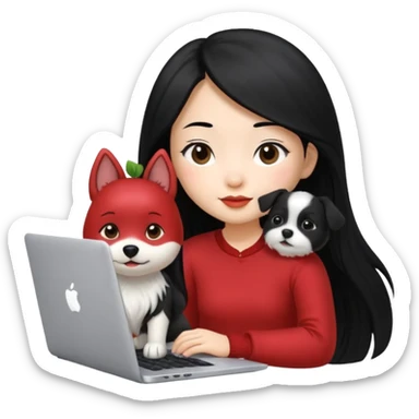 Asian girl with long black hair working on an Apple laptop, next to her is a small black and white dog with no collar on  sticker