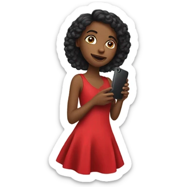 a girl in a red dress holding a cell phone sticker