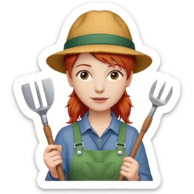 red hair gardener holding gardening tools, with hat sticker