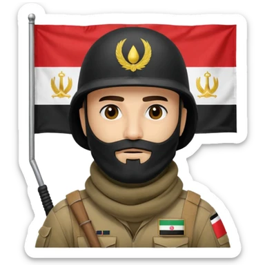 surrenders, depicts an Iraqi soldier from 1980, with a beard, in a helmet, a helmet with sign flag Iraq, with a balaclava, with sad eyes and both hands raised up sticker