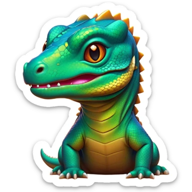 Cinematic Cute Komodo Dragon Lizard Portrait Emoji, Head tilted playfully and inquisitively, with a sleek, scaled form accented by vibrant hues and curious, sparkling eyes, Simplified yet irresistibly adorable features, highly detailed, glowing with a warm, lively glow, high shine, affectionate and spirited, stylized with a touch of exotic charm, bright and endearing, soft glowing outline, capturing the essence of a mischievous yet captivating lizard that seems poised to scurry out of the screen into your heart! sticker
