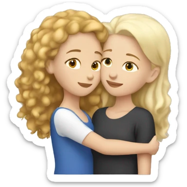 White skin adult girl with short straight blond hair hugging white skinned teenage girl with brown curly hair sticker