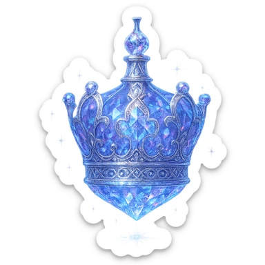 ultra luxurious crystal elixir bottle in crown shape, color #7986cb, multi-layered holographic and silver filigree, intricate crystal texture, magical glowing and sparkling effects, radiant light beams, very small neck, seamless ornate bottom, transparent background, bottle clearly floating in air, no base or shadow, not standing, modern, collection style, extremely beautiful and refined sticker