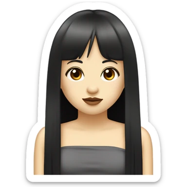 Girl with long straight black hair, curtain bangs, pale yellow skin, a tube top, dark brown eyes, plump lips, button nose and monolid eyes. Asian. sticker