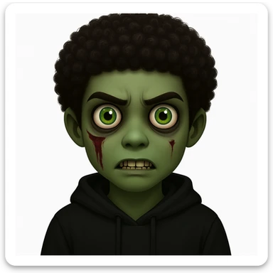 Change the hair to a Black hairstyle with tight curls or afro and add a black hoodie. Keep the boy zombie's green skin, emo vibe, and creepy expression. sticker