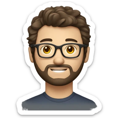 man with light skin, short messy hair, dark brown hair, with glasses, with a beard and short bogey. Happy computer technician with a laptop sticker