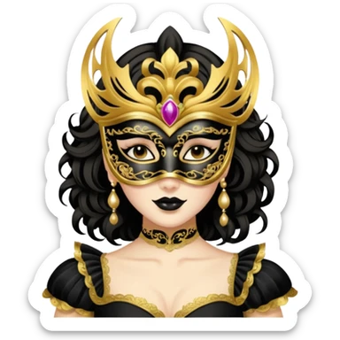 A woman in an ornate gold masquerade mask and elegant outfit, holding the mask delicately. sticker