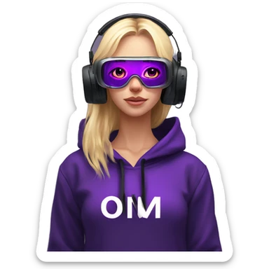 Russian cute blond student girl wearing black hoody with violet letters "OMG", in vr headset. No eyes. Cyberpunk style. Violet neon. sticker