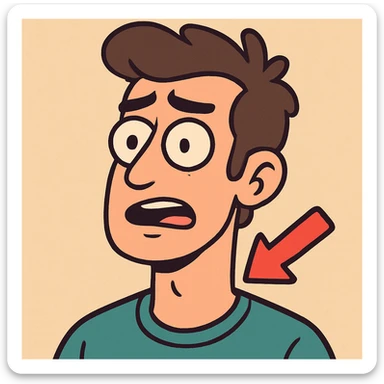 cartoon-style head and neck with a bold arrow pointing to the neck, vibrant flat color illustration sticker