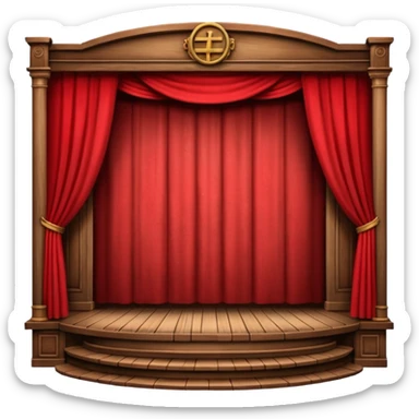 A wooden theater stage with red curtains slightly parted. sticker