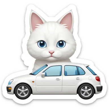 Please create a small emoji the size of 🚗 featuring a pure white cat with blue eyes on a white car viewed from side. Again it is necessary that the emoji must be extremely small, much smaller than a standard sized sticker. sticker