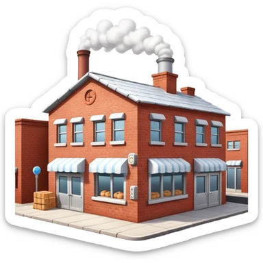 Exterior view of a small cartoon-style bakery factory, red brick walls, a single chimney puffing white smoke, metal pipes running along the walls and roof, cookie crates outside, emoji-style sticker