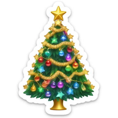 fancy christmas tree with rainbow lights, ornaments, and golden garland strans with a star on top sticker
