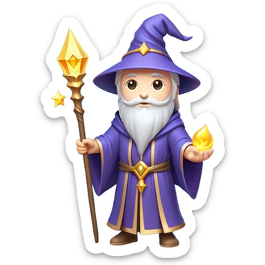 Clash of Clans aesthetic: Cinematic Playful Wizard Hero Emoji, rendered in a 3D vector-style similar to standard emojis with minimal shading and bold, simplified shapes. A compact, isometric figure draped in flowing enchanted robes and wielding a mystical staff, softly glowing with an arcane magical charm. Simplified yet unmistakably iconic, highly detailed and consistent, glowing with a soft radiant glow and high shine. Stylized with a touch of whimsical sorcery and a soft glowing outline, capturing the essence of a powerful wizard ready to cast spells with a friendly, playful spirit! sticker