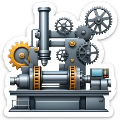 An icon featuring a giant machine tool in a factory, manufacturing machines. The design includes gears, mechanical parts, and a production line, representing the art of mechanical engineering and industrial design. Transparent background highlights precision engineering and manufacturing processes. sticker