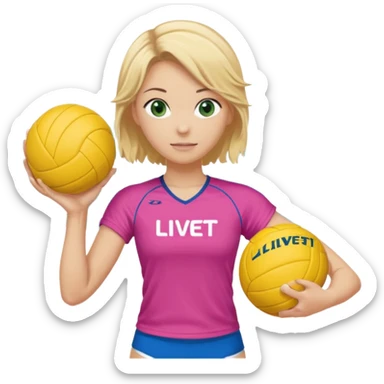 criar o emoji de uma jogadora de volei, com cabelo loiro amarrado camiseta rosa com ondas azuis secrito LIVET'S segurando uma bola de voley da marca mikasa, tenis amarelo e olhos verdes grandes sticker