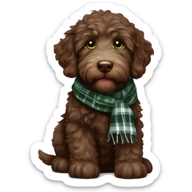 Chocolate brown labradoodle puppy.  Chubby.  Little bit of white on her chest.  Green eyes.  Wearing a Scottish plaid scarf.   sticker