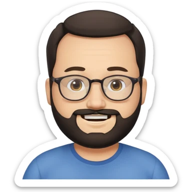 receding hairline, chubby face, with glasses and black beard sticker