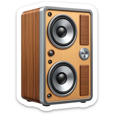 3D render of Speaker Stack, vintage 1980s audio equipment aesthetic, tactile analog buttons, silver metallic face with two large brown magnetic tape wheels, mixed wood grain and brushed aluminum textures, Apple emoji style, isolated on white background --v 6.0 sticker