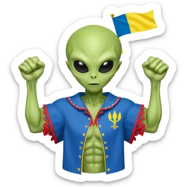 Green alien in Shirt 👚 vyshyvanka, white with red embodiary on sleeved, with 🇺🇦 Ukraine flag in a hand and 💪 sticker