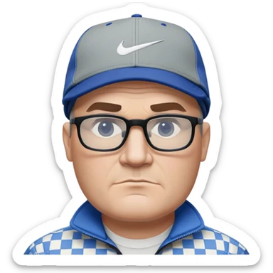 50-year-old heavyset man with very wide face and prominent square jawline. Short straight hair combed to the side, not balding, wearing a black Nike cap. Large dark square glasses. Serious-relaxed expression. Light gray jacket that fits his larger frame, white shirt with blue checkered pattern. sticker