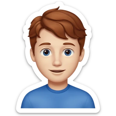 Please generate a portrait of a boy. He has wavy, light brown to reddish-brown hair, a right side parting, slightly longer sideburns, blue eyes, a snub nose, and a rather pronounced, strawberry-red pout. He is smiling. sticker