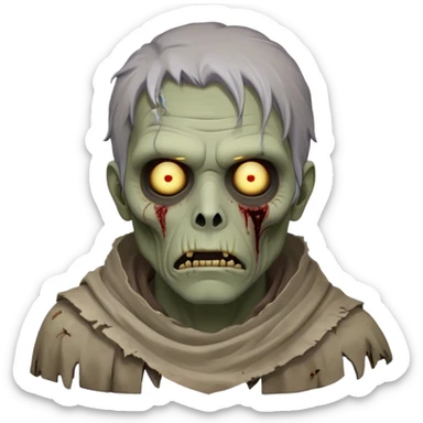 Cinematic Noble Zombie Portrait Emoji, Surprisingly dignified and somber, with a decaying yet strangely regal visage in ashen grays and muted tones, draped in tattered attire hinting at a lost grandeur, simplified yet meticulously detailed, glowing with a soft, eerie radiance and a gentle outline that evokes the tragic nobility of the undead! sticker