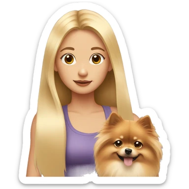 girl with long blond hair holding a Pomeranian sticker
