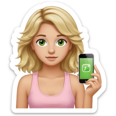 20-year-old girl with long wavy hair brown roots blonde highlights green eyes brown eyebrows good summer tan iPhone emoji style can you make her wear a light pink tank top sticker