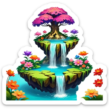 a surreal floating island with vibrant gardens, cascading waterfalls, and oversized flowers. bright, saturated colors, thick oil paint textures, whimsical and dreamlike atmosphere. soft, blended brushstrokes create a lush, inviting environment full of life and color. sticker