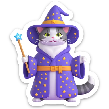 wizard cat with a starry robe and hat sticker
