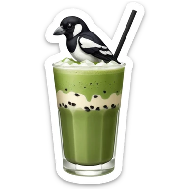 It’s an Australien Magpie (just black and white feathers) sitting on an iced matcha latte on the edge of the glass. It has green matcha on its beak indicating it drank. The iced matxha latte is in a see through glass and white from the oat milk on the bottom and green on top… one straw and ice cubes sticker