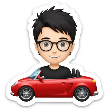 generate a pretty bratz fair skinned boy with black messy hair wearing a black tshirt driving a red car. Glasses on.  sticker