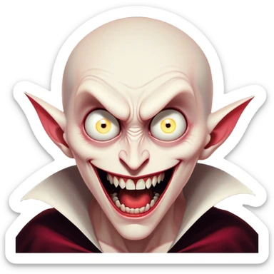 Cinematic Comical Vampire Portrait Emoji, with a sharply stylized, slightly caricatured pale face accented with exaggerated fangs and overly dramatic wide eyes filled with comic shock, head tilted in a hilariously startled pose, simplified yet amusingly detailed, glowing with a soft mysterious glow and a playful outline capturing the quirky humor of a vampire in disbelief! sticker